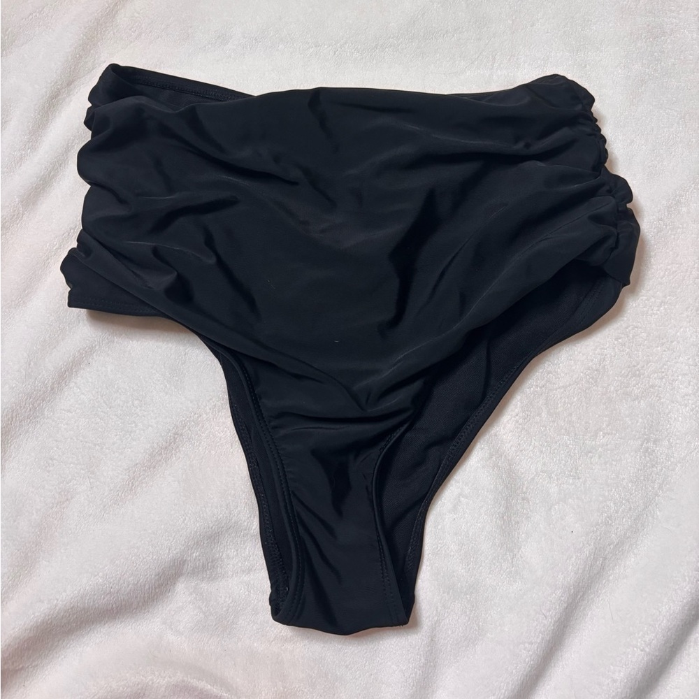 Zaful Ruched Black High-Waisted Bikini Bottom